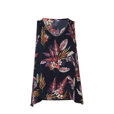 Paprika top met bladprint en sierstenen donkerblauw/paars/rood