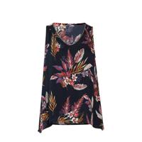 Paprika top met bladprint en sierstenen donkerblauw/paars/rood