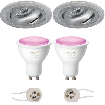 Pragmi Alpin Pro - Inbouw Rond - Mat Zilver - Kantelbaar Ø92mm - Philips Hue - Led Spot Set Gu10 - White And Color