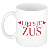 Liefste zus cadeau mok / beker wit met rode hartjes - verjaardag / bedankt kado