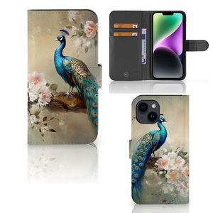 Telefoonhoesje met Pasjes voor iPhone 15 Vintage Pauwen