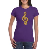 Gouden muzieknoot G-sleutel / muziek feest t-shirt / kleding paars dames - thumbnail