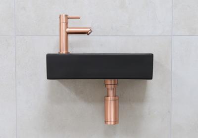 Mueller Mini Rhea 36x18x9 zwarte fonteinset met kraan koper links Mueller Mini Rhea 36x18x9 zwarte fonteinset met kraan koper links