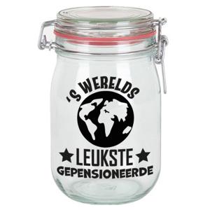 Cadeau voorraadpot - pensioen - glas - 11 x 11 cm - 1 liter - VUT cadeau - snoeppot - collega