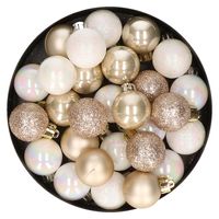 28x stuks kunststof kerstballen parelmoer wit en parel champagne mix 3 cm   -