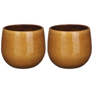 2x Stuks Plantenpot/bloempot keramiek okergeel speels licht gevlekt patroon - D16/H14 cm