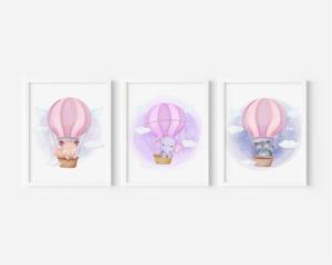 Posters - Babydieren in heteluchtballon / Set van 3