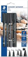 STAEDTLER Lumocolor 60 BK permanent marker set met verschillende punten, 4 stuks in blisterkaart, wit