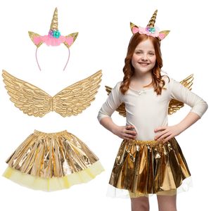 Verkleed set eenhoorn fee - vleugels/diadeem/rokje - goud - kinderen