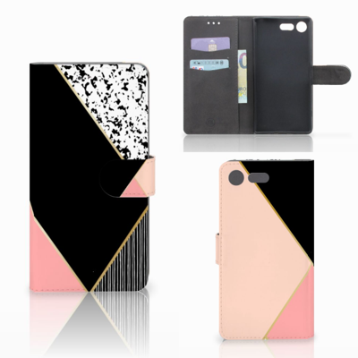 Sony Xperia XZ Premium Bookcase Zwart Roze Vormen Sony Xperia XZ Premium Bookcase Zwart Roze Vormen