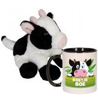 Cadeau set kind - Koeien knuffel 15 cm en Drinkbeker/mok Koe 300 ml