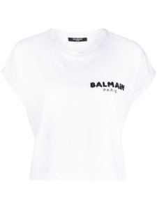 Balmain t-shirt à logo brodé de sequins - Blanc