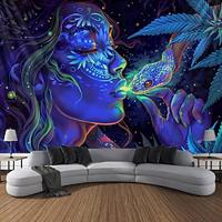 blacklight tapestry uv reactieve glow in the dark vrouw marihuana trippy misty hangend tapijt muur kunst muurschildering voor woonkamer slaapkamer Lightinthebox - thumbnail