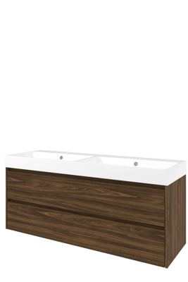 Proline Polystone Loft wastafelonderkast symmetrisch met 2 laden en mat witte wastafel met 2 kraangaten 140 x 46 x 62 cm, cabana oak