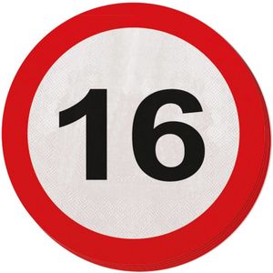 40x Papieren servetjes 16 jaar verkeersbord thema feestartikelen 33 cm rond