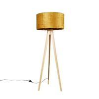 QAZQA Vloerlamp hout met stoffen kap goud 50 cm - Tripod Classic