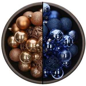 74x stuks kunststof kerstballen mix van camel bruin en kobalt blauw 6 cm