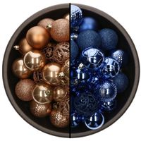 74x stuks kunststof kerstballen mix van camel bruin en kobalt blauw 6 cm - thumbnail