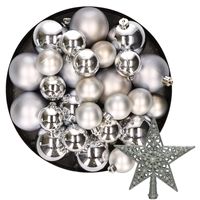 Kerstversiering kunststof kerstballen met piek zilver 6-8-10 cm pakket van 45x stuks - thumbnail