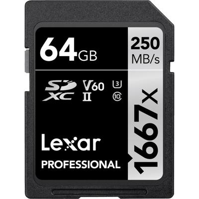 Lexar 1667X 64GB 250MB/s Professional U3 V60 UHS-II SDXC Geheugenkaart Lexar 1667X 64GB 250MB/s Professional U3 V60 UHS-II SDXC Geheugenkaart