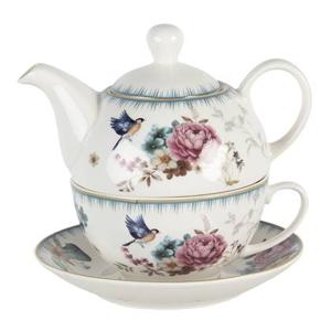 Clayre & Eef Tea for One 460 ml Wit Roze Porselein Rond Bloemen