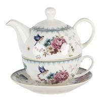 Clayre & Eef Tea for One 460 ml Wit Roze Porselein Rond Bloemen - thumbnail