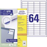 AVERY Zweckform 3667, universele etiketten (6.400 zelfklevende etiketten, 48,5 x 16,9 mm op A4, mat papier, individueel bedrukbaar, zelfklevende stickers met ultragrip), 100 vellen, wit