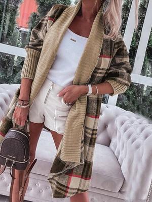 Thebe Ribbed Splicing Plaid Open Front Coat