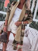 Thebe Ribbed Splicing Plaid Open Front Coat