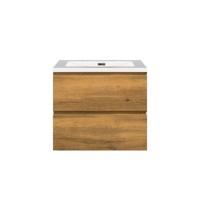 Badkamermeubel Callisto Diamond Hangend 60x50x48cm Mat Eiken 2 Lades Softclose Greeploos Mineraalmarmer Wastafel Zonder Kraangat Overloop