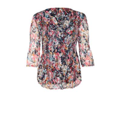 Paprika gebloemde semi-transparante top donkerblauw/rood/lichtblauw