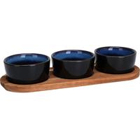 Serveerplank/borrelplank hapjes/saus/tapas - keramiek - blauw - incl. 3x schaaltjes