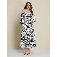 off-shoulder maxi-jurk van satijn met abstracte graffitiprint