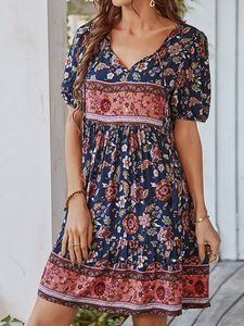 Loose V Neck Casual Floral Dress With No