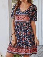 Loose V Neck Casual Floral Dress With No - thumbnail