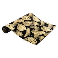 Decoratie stof/tafelloper - zwart/goud - bladeren -500 x 28 cm - polyester - thumbnail