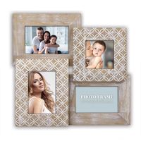 Multi fotolijst met houten frame naturel/wit vintage met 4 lijstjes geschikt voor diverse maten foto - thumbnail