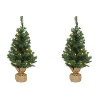 2x Volle mini kerstbomen groen in jute zak met verlichting 75 cm - thumbnail