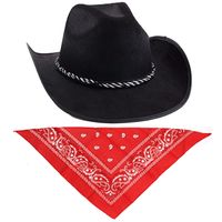 Zwarte carnaval verkleed cowboyhoed met rode hals zakdoek