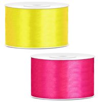 Sierlinten/cadeaulinten/satijnen linten - Set 2x stuks - geel en fuchsia roze - 38 mm x 25 meter - thumbnail