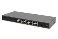 DIGITUS 27-poorts Managed Gigabit PoE netwerkswitch - 24 RJ45-poorten - 2 SFP-poorten - 1 consolepoort - 450W PoE-budget - L2-functies - 19 inch - 10/100/1000 Mbps - Zwart