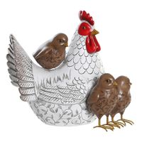 Items Home decoratie dieren/vogel beeldje - Kip met kuikens - 25 x 22 cm - binnen/buiten - wit/bruin   -