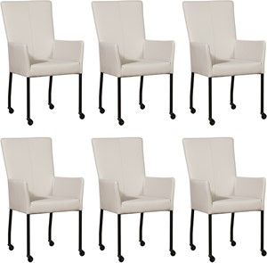 Set van 6 Crème leren moderne eetkamerstoelen Deal - met armleuning poot vierkant zwart met wiel - Toledo leer Misty (crème leer)