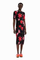 Geribde midi-jurk bloemen - RED - L