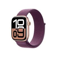 Apple Watch Series 10 (GPS 42 mm) Smartwatch - Kast van roségoudkleurig aluminium - Pruimenpaars geweven sportbandje. Conditie bijhouden, Ecg-app, always on Retina-display, CO₂-neutraal