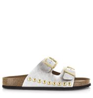 DWRS LABEL DWRS Label - Malibu metallic leer | sil Zilver Leer Slippers met gesp Dames - thumbnail