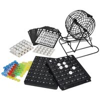 Bingo spel zwart/wit complete set 21 cm nummers 1-90 met molen/140x bingokaarten/2x stiften   - - thumbnail