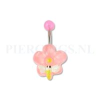 Navelpiercing acryl bloem roze met vlinder - thumbnail