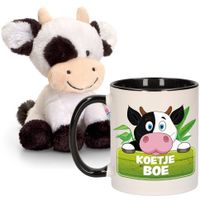 Cadeau set kind - Koeien knuffel 14 cm en Drinkbeker/mok Koe 300 ml - thumbnail