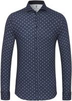 Desoto Heren Overhemd Blauw Fijne Witte Print Jersey Slim Fit